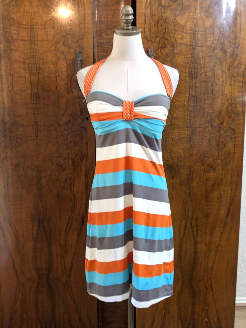 VTG Tommy Bahama Women's Halter Dress S Orange Multicolor Striped Pin Up Beach